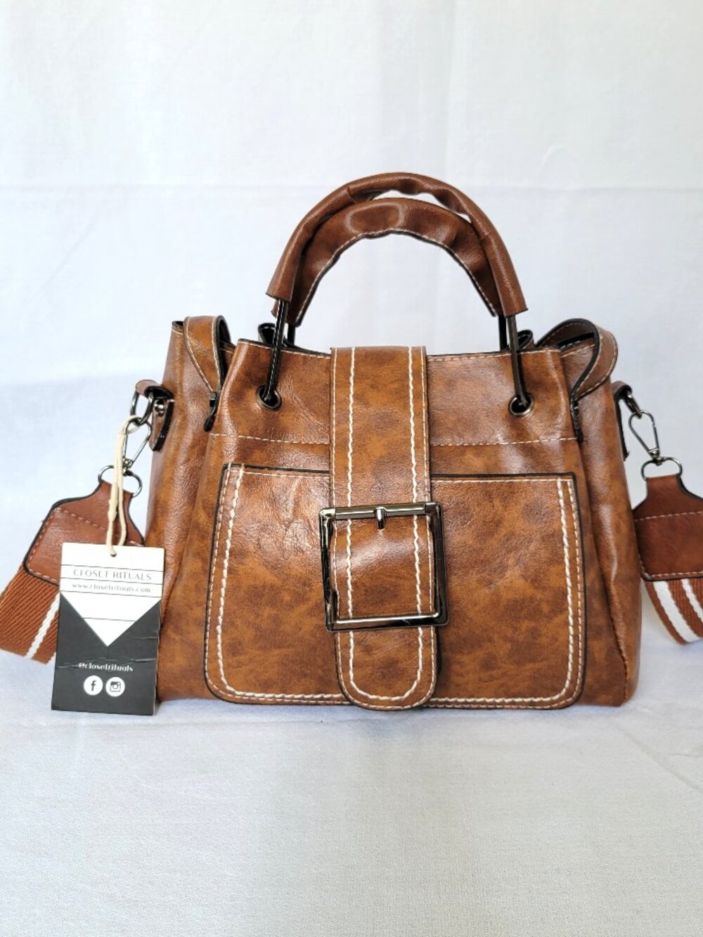 Closet Rituals Brown Faux Leather Satchel - Boho Crossbody Bag Oversized Buckle
